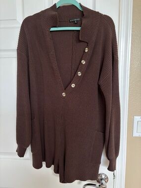 Oversized V-Neck Button Front Jumpsuit Romper in Chocolate Brown